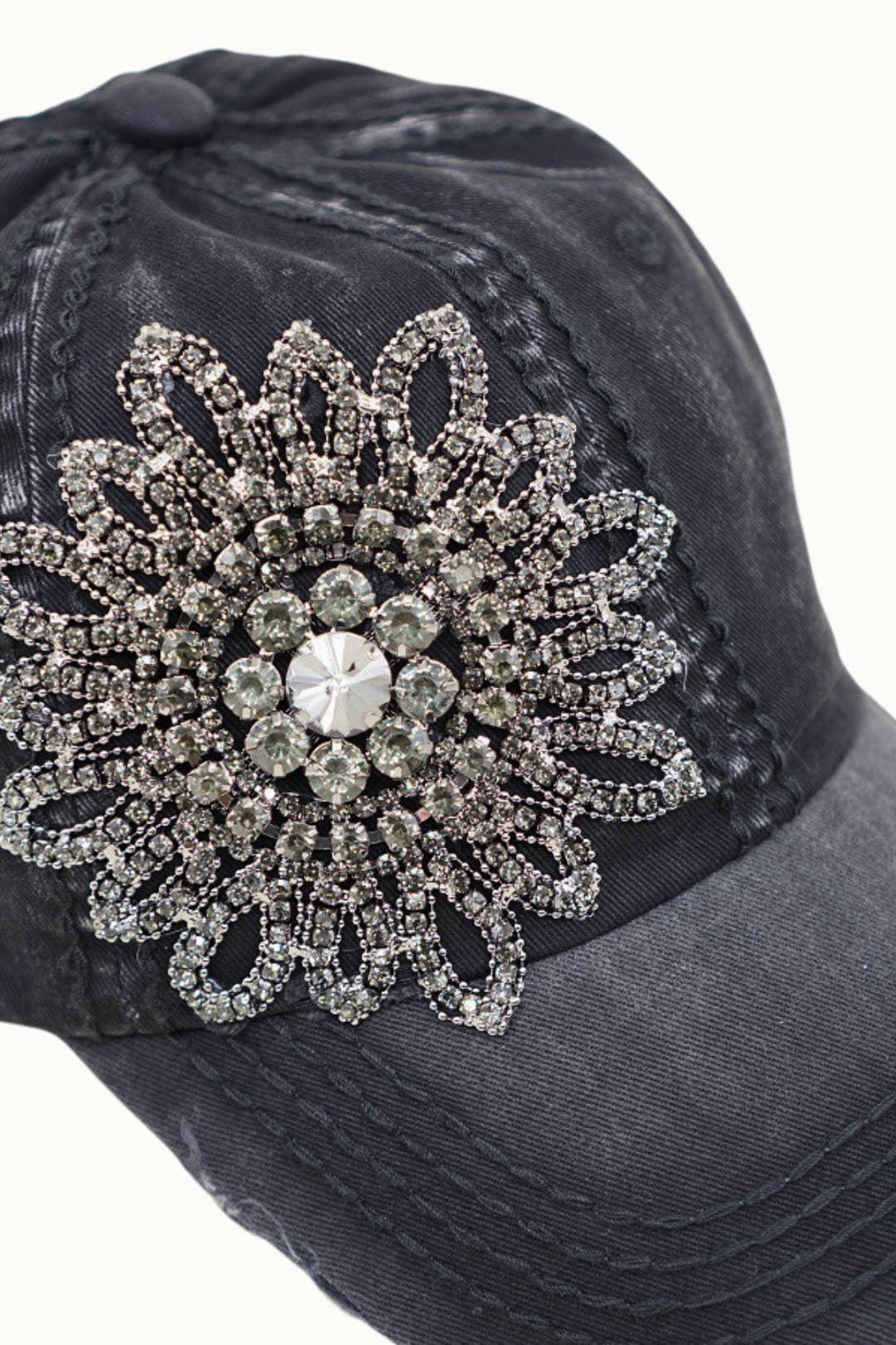 Sunflower Bejeweled Glitz Distressed Cap, Adjsutable
