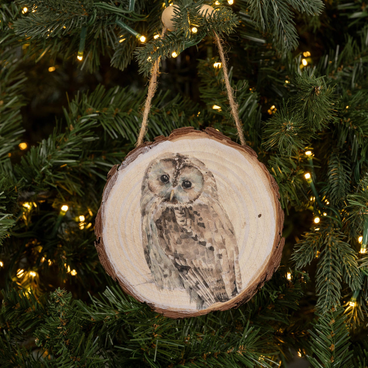 OWL ON WOOD SLICE ORNAMENT