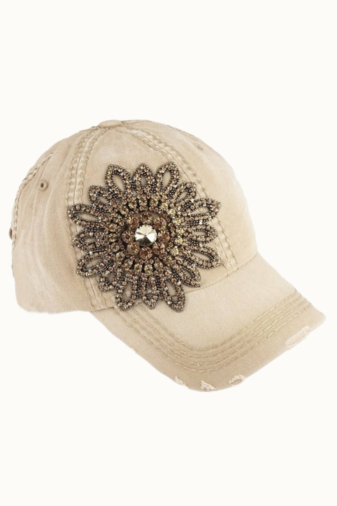 Sunflower Bejeweled Glitz Distressed Cap, Adjsutable