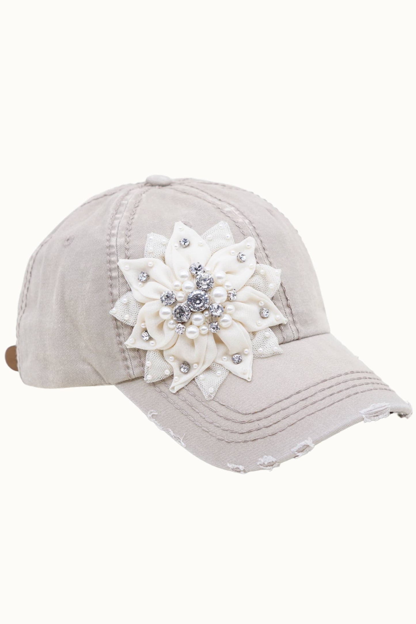 Floral Bejeweled Bling Glitz Distressed Cap, Adjustable