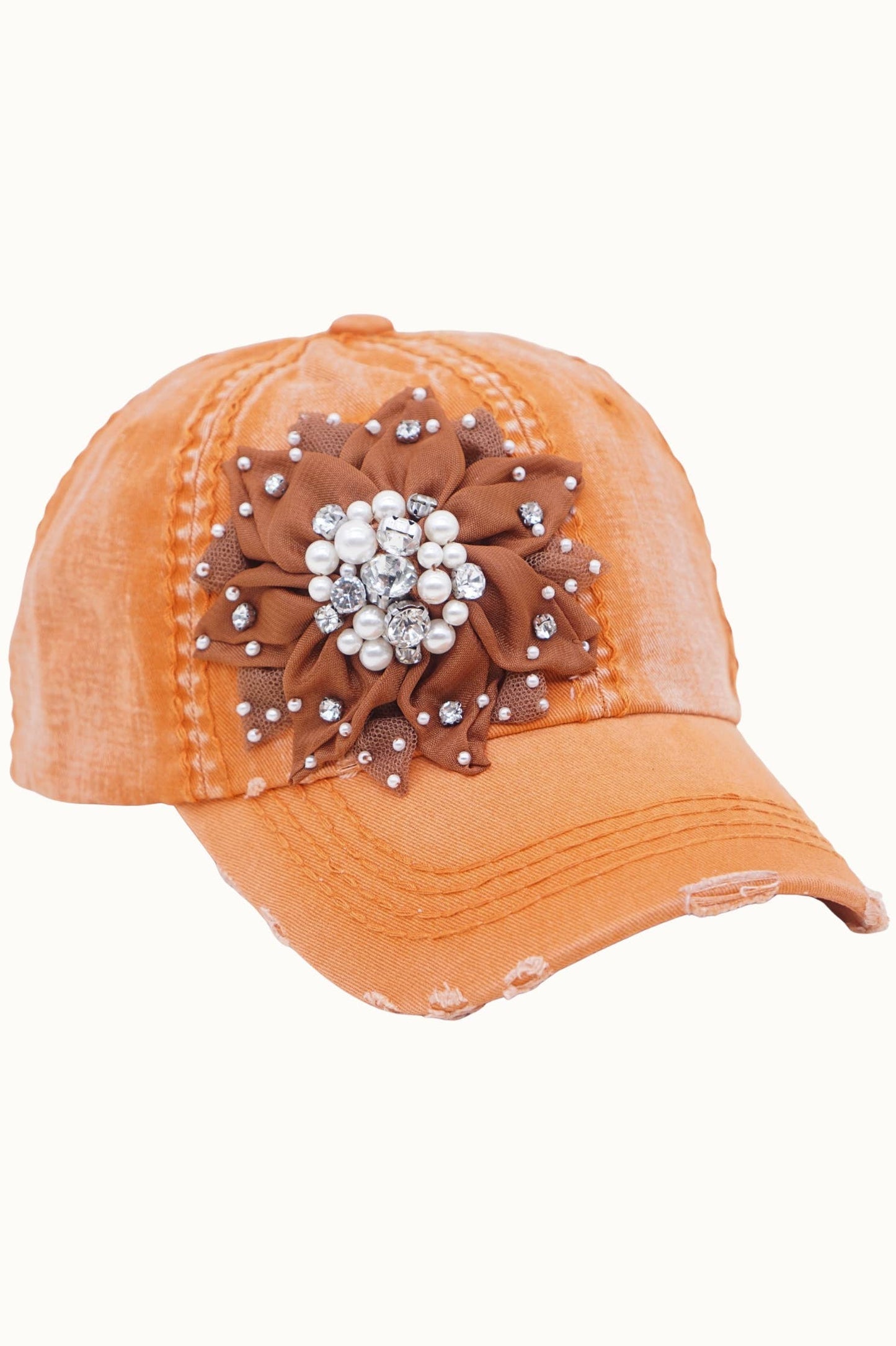 Floral Bejeweled Bling Glitz Distressed Cap, Adjustable