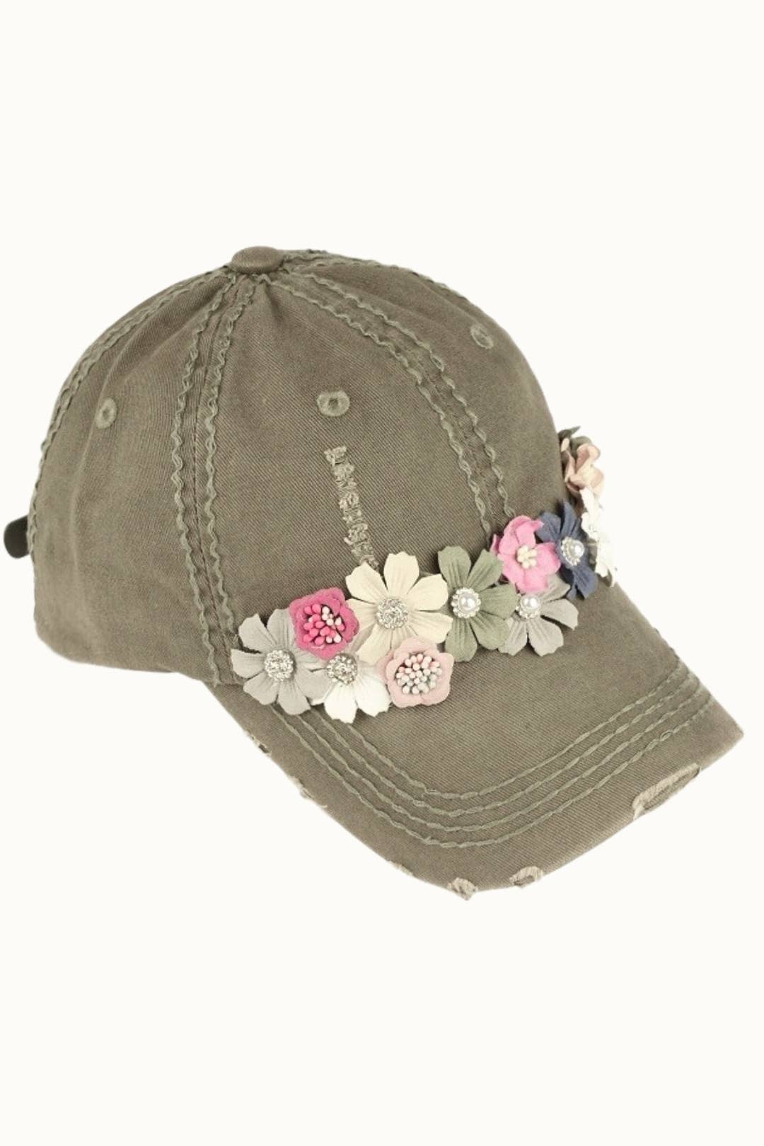 Floral Bouquet Bejeweled Bling Glitz Cap, Adjustable