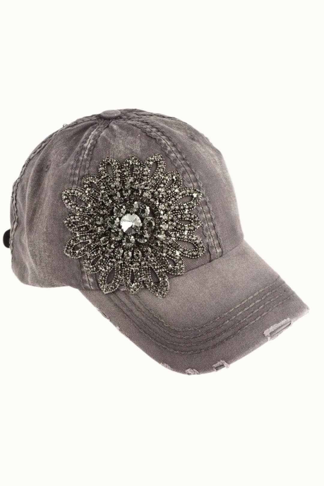 Sunflower Bejeweled Glitz Distressed Cap, Adjsutable