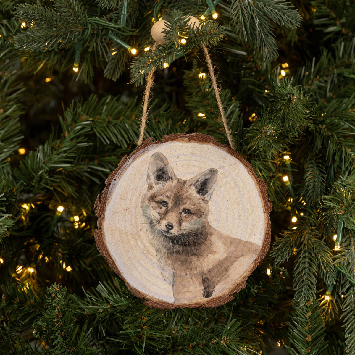 FOX ON WOOD SLICE ORNAMENT