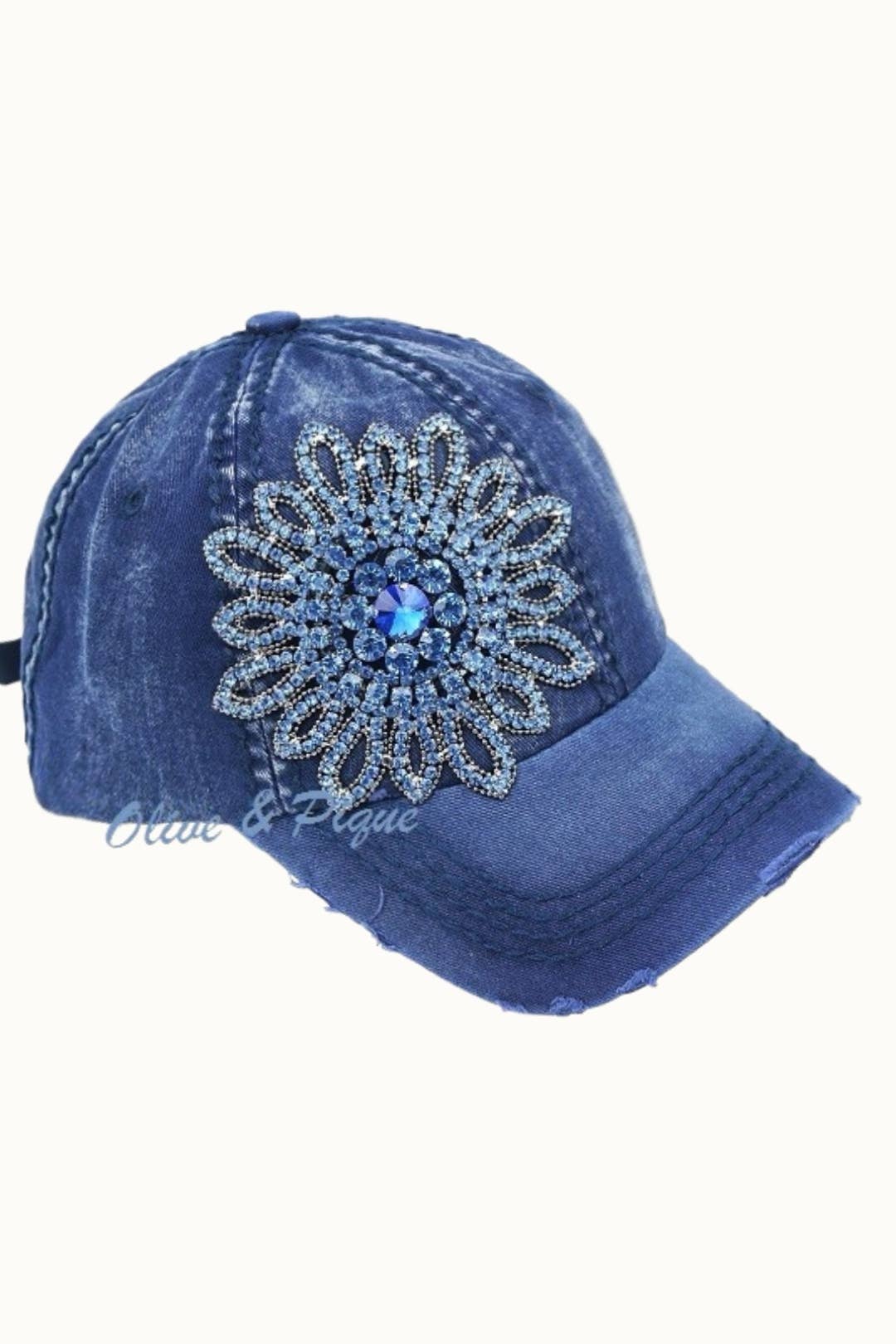 Sunflower Bejeweled Glitz Distressed Cap, Adjsutable