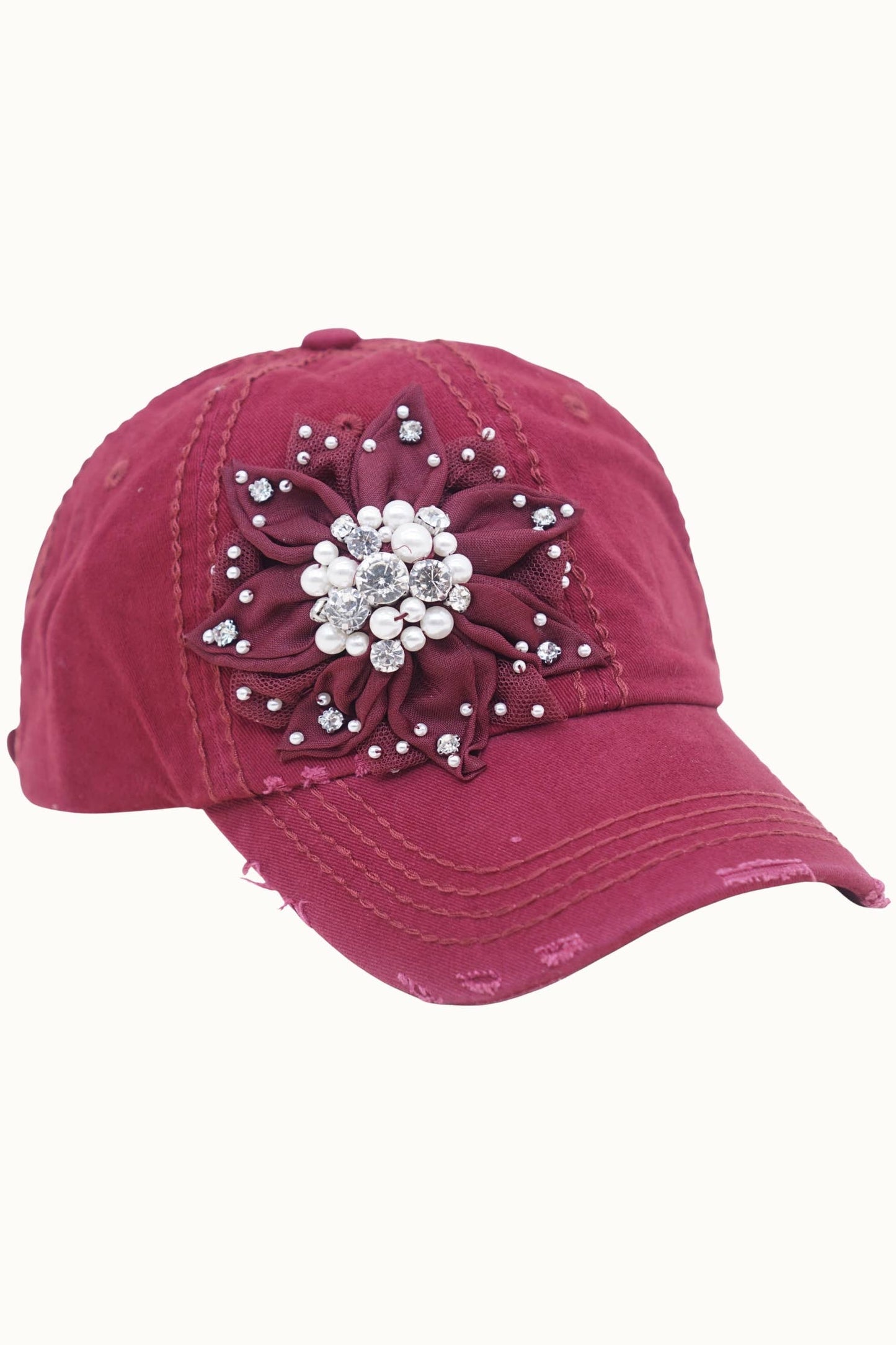 Floral Bejeweled Bling Glitz Distressed Cap, Adjustable
