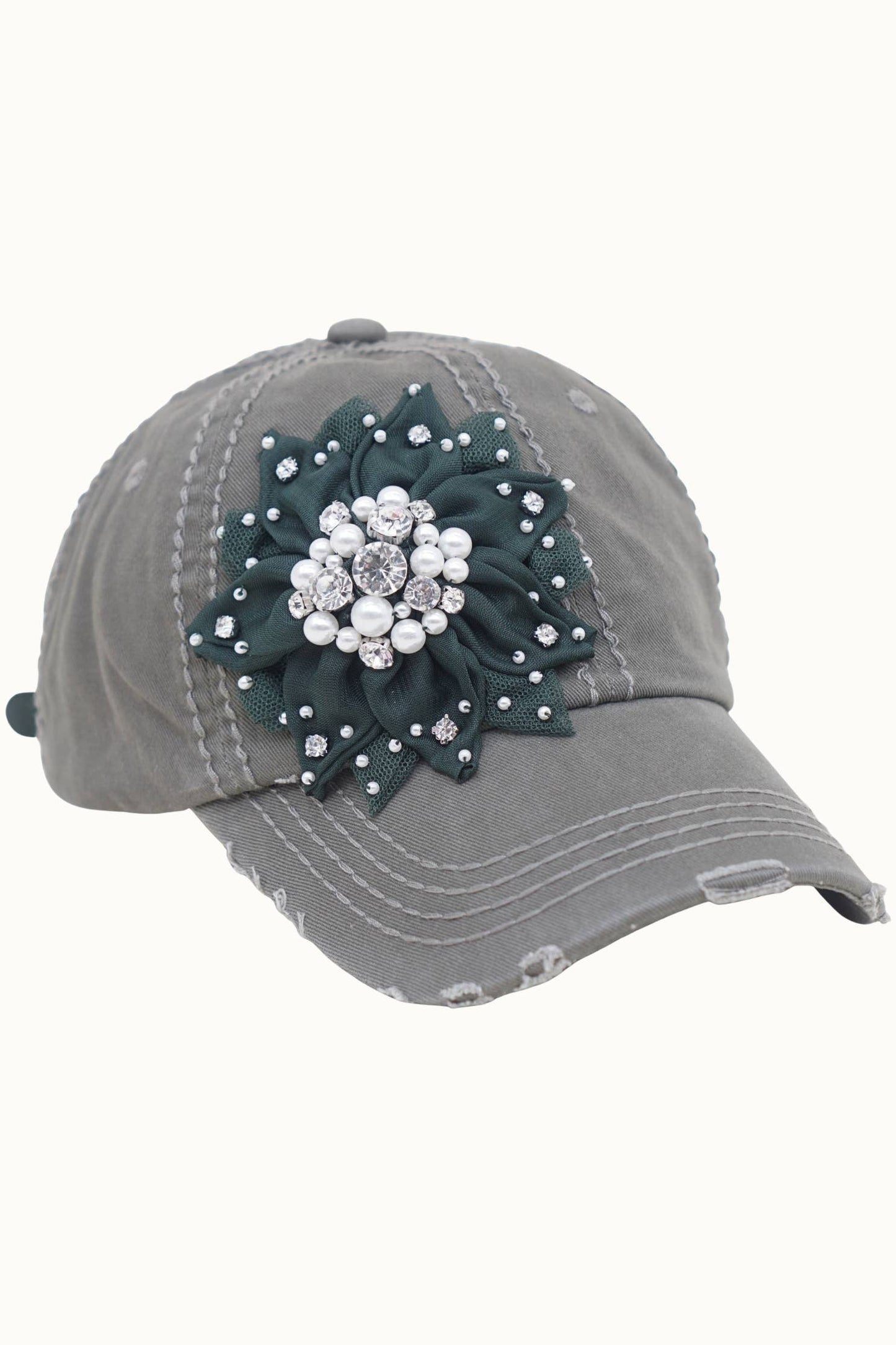 Floral Bejeweled Bling Glitz Distressed Cap, Adjustable