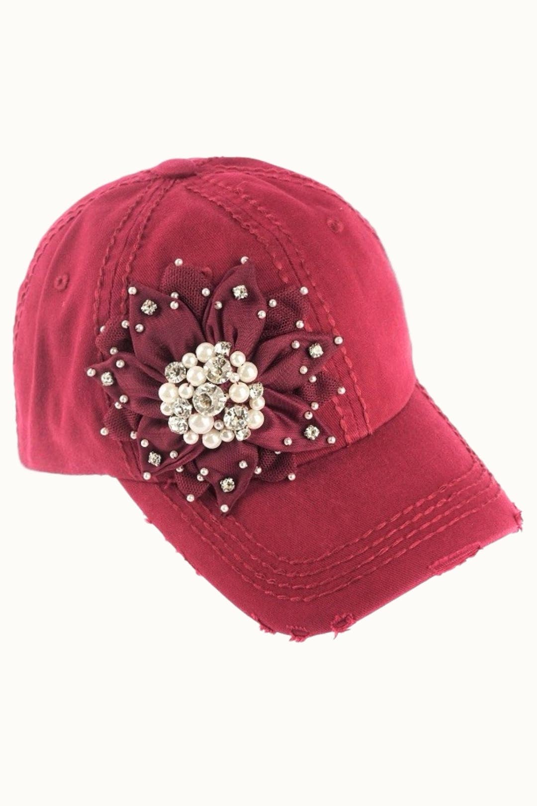 Floral Bejeweled Bling Glitz Distressed Cap, Adjustable