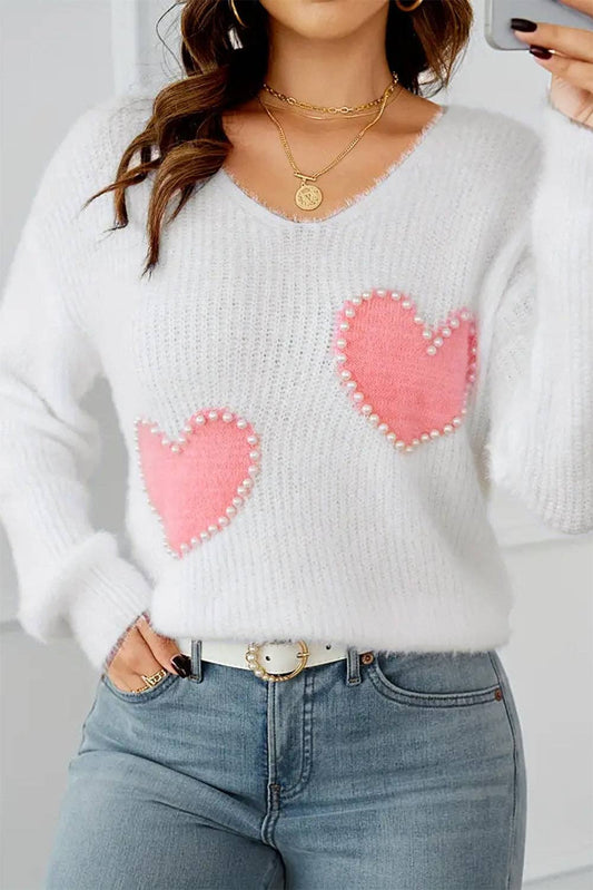 Heart Pearl Beaded V-Neck Sweater