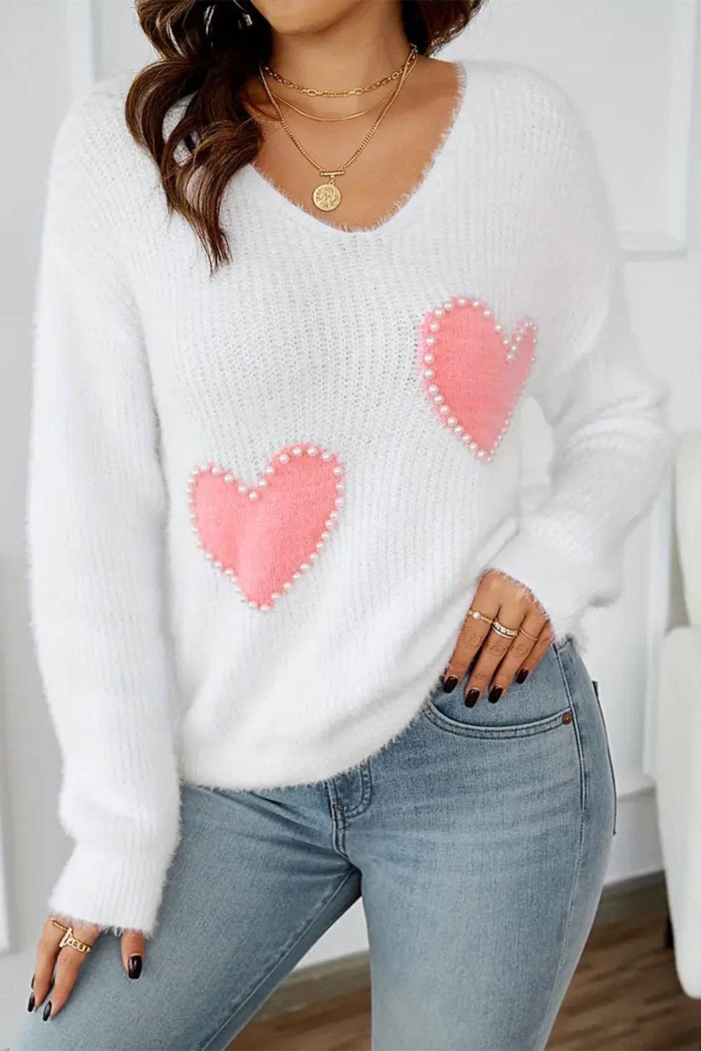 Heart Pearl Beaded V-Neck Sweater