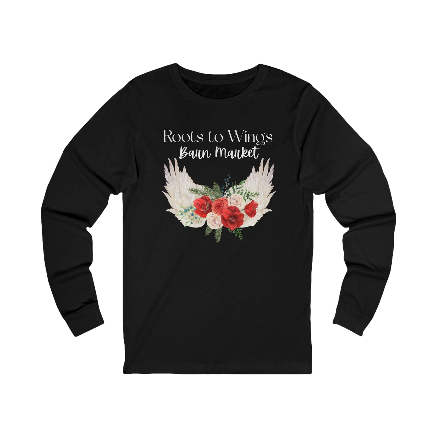 Floral Angel Wings Long Sleeve Tee — 'Love Lingers' Romantic Graphic Shirt