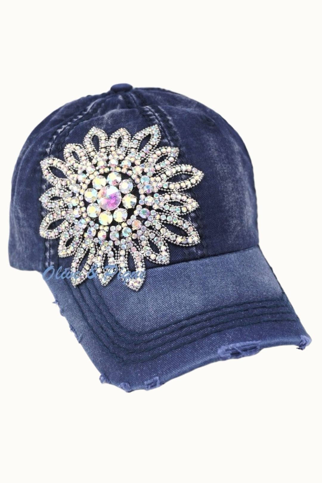 Sunflower Bejeweled Glitz Distressed Cap, Adjustable