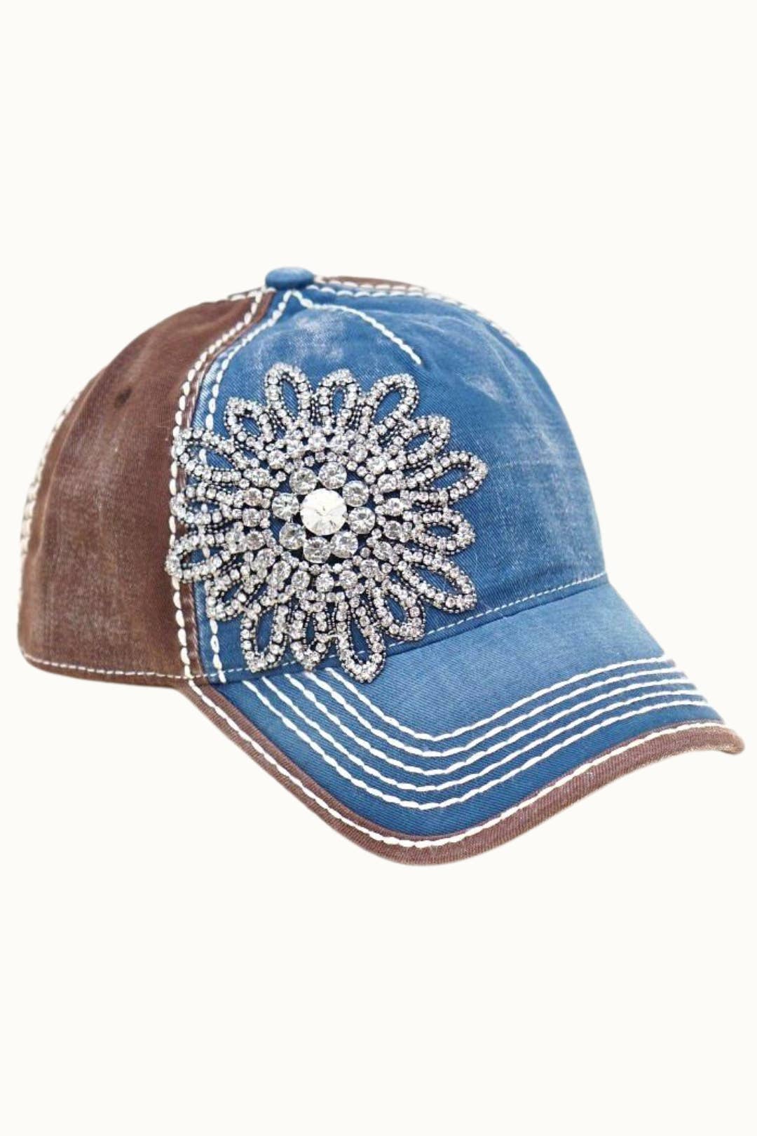 Sunflower Bejeweled Glitz Two-Toned Cap, Adjustable