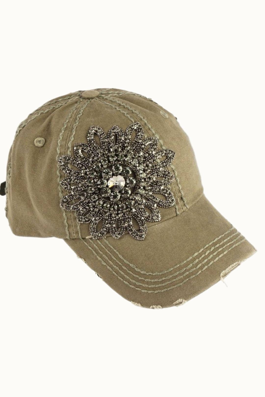 Sunflower Bejeweled Glitz Distressed Cap, Adjsutable