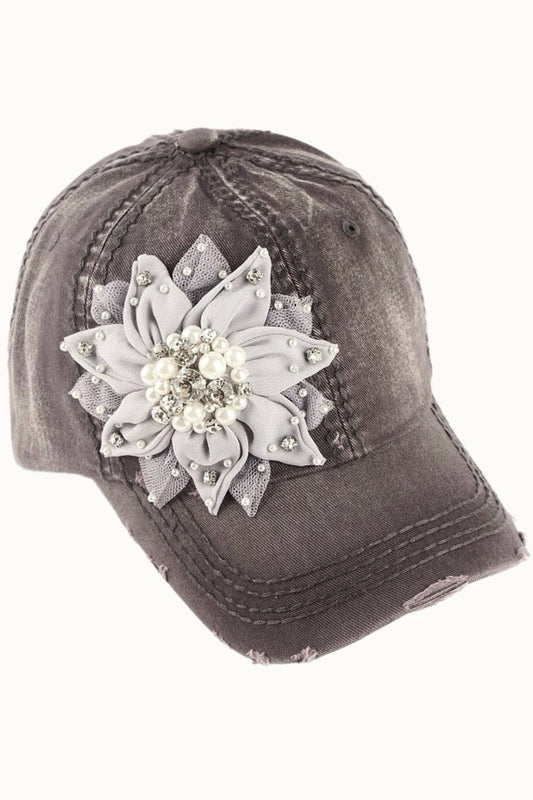 Floral Bejeweled Bling Glitz Distressed Cap, Adjustable