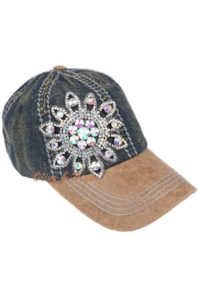 Sunflower Bejeweled Glitz Two-Toned Cap, Adjustable