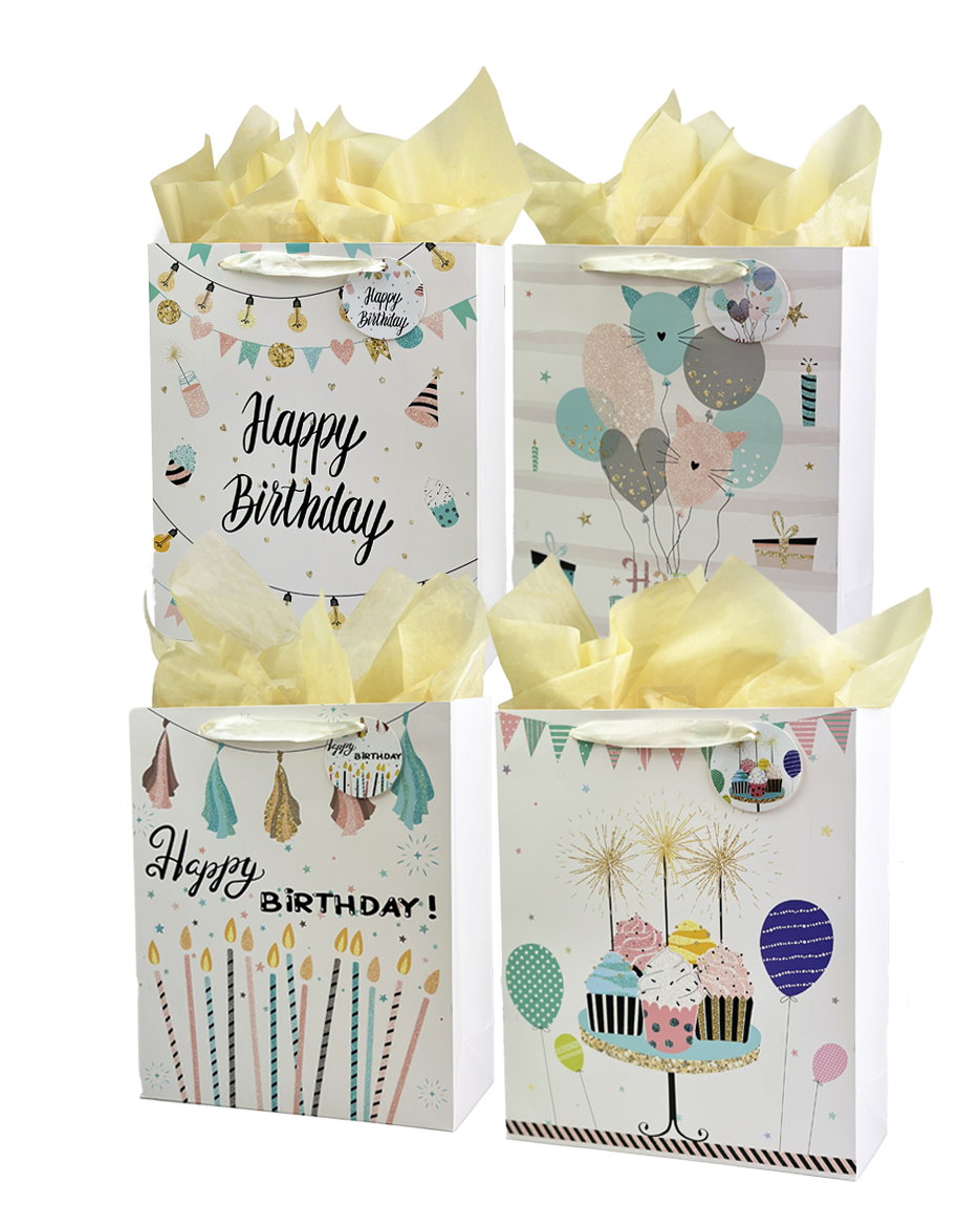 Happy Birthday Gift Bag - white color, assort 4styles