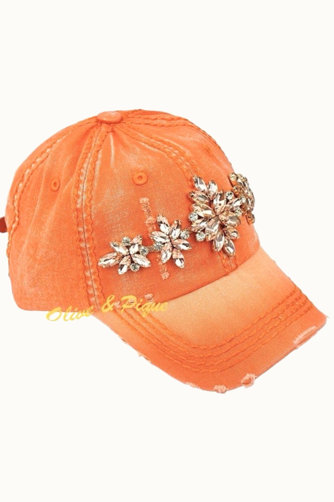 Bejeweled Bling Glitz Distressed Cap, Adjustable