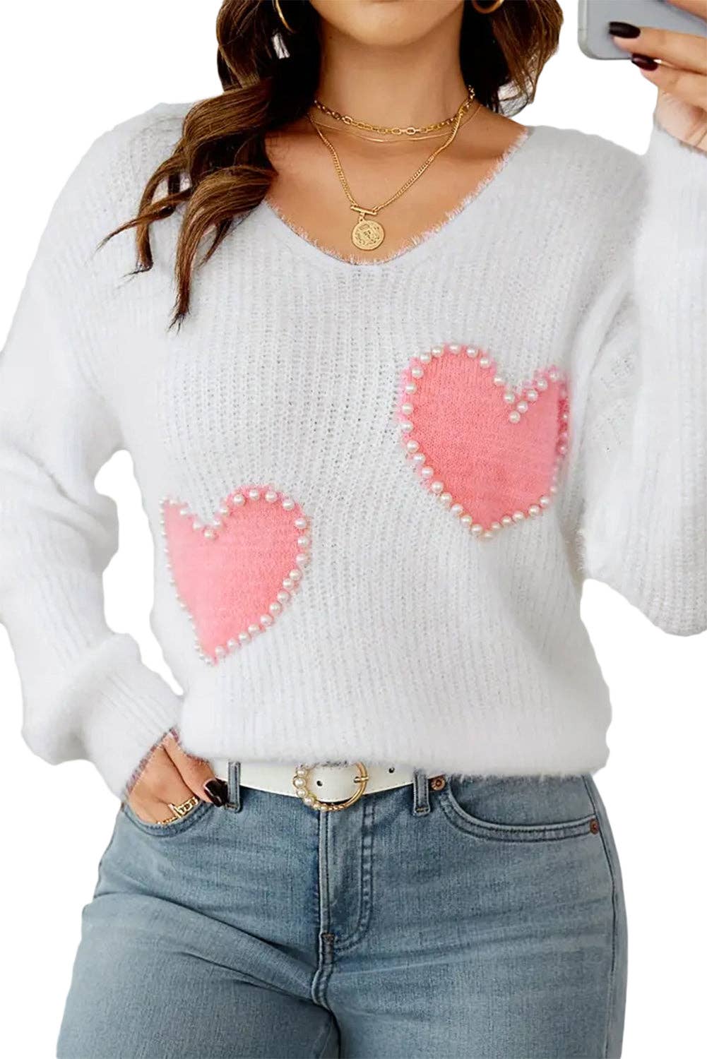 Heart Pearl Beaded V-Neck Sweater