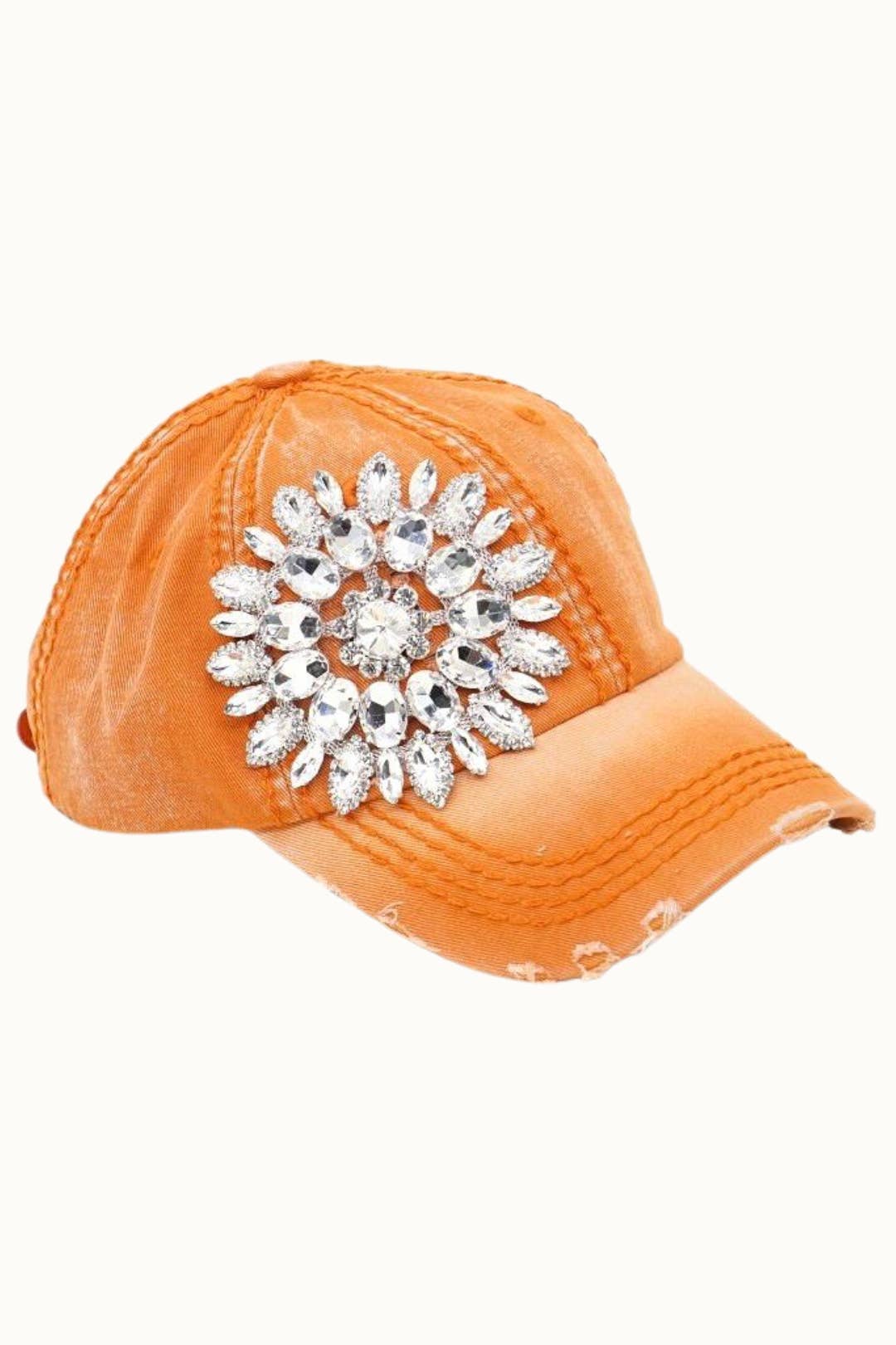 Sunflower Bejeweled Glitz Distressed Cap, Adjustable