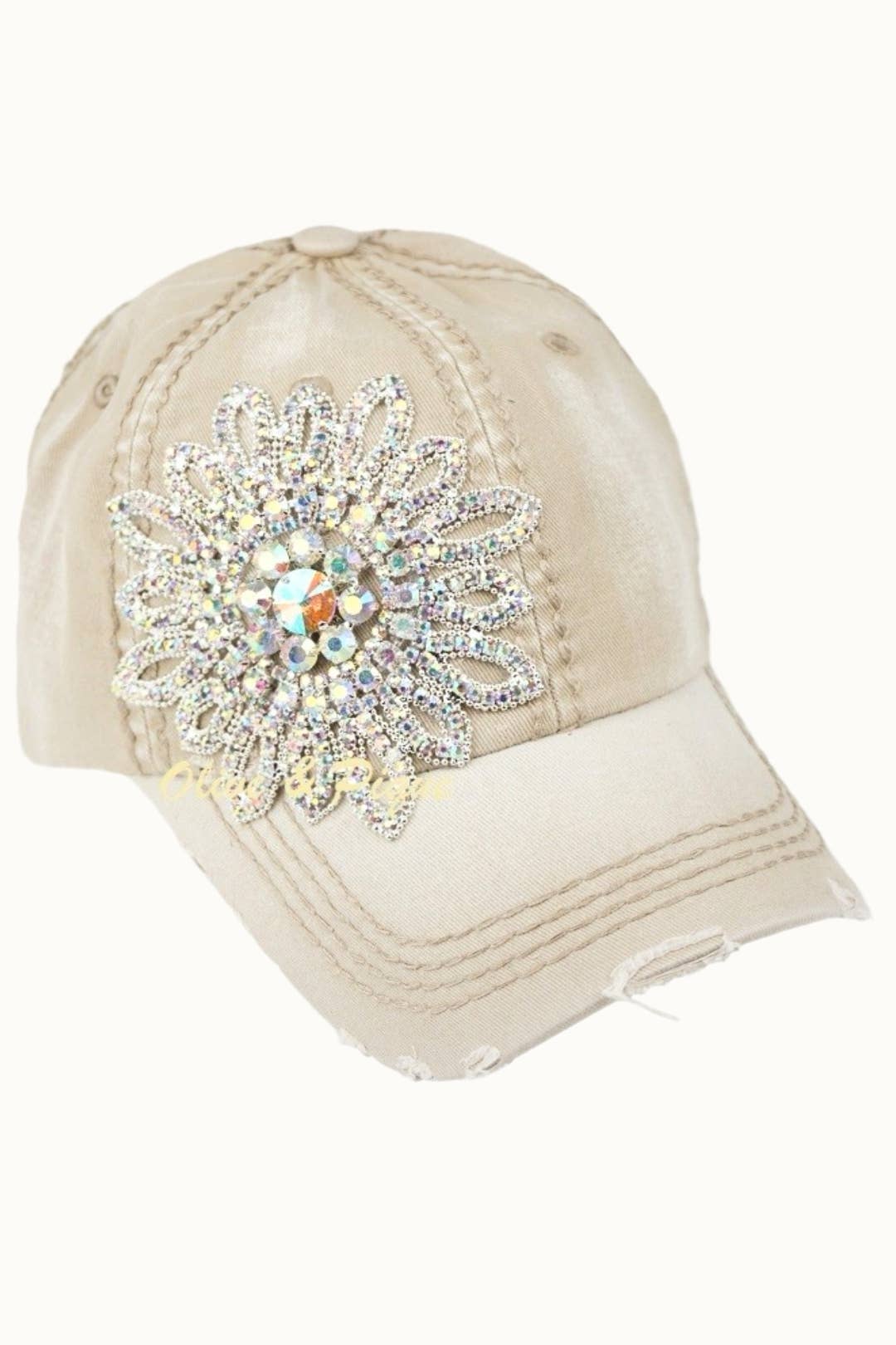 Sunflower Bejeweled Glitz Distressed Cap, Adjustable