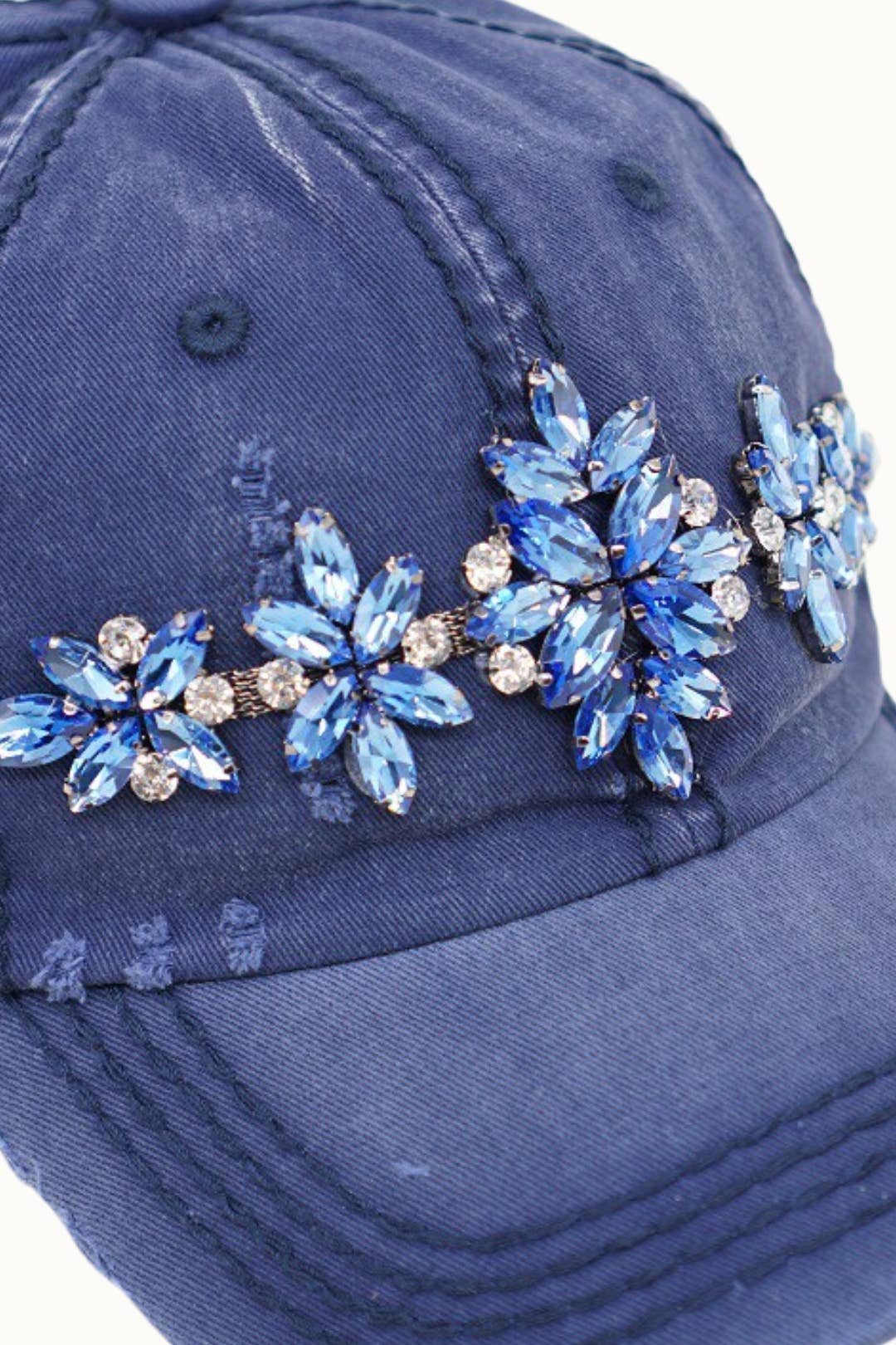 Bejeweled Bling Glitz Distressed Cap, Adjustable
