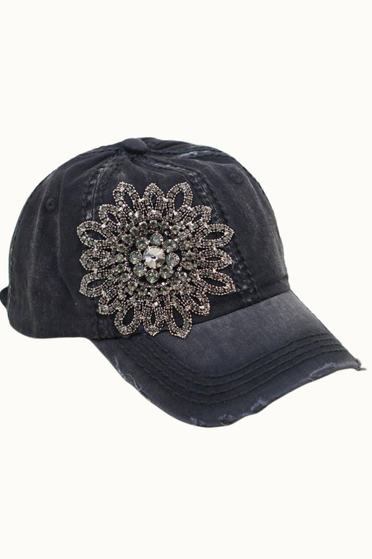 Sunflower Bejeweled Glitz Distressed Cap, Adjsutable