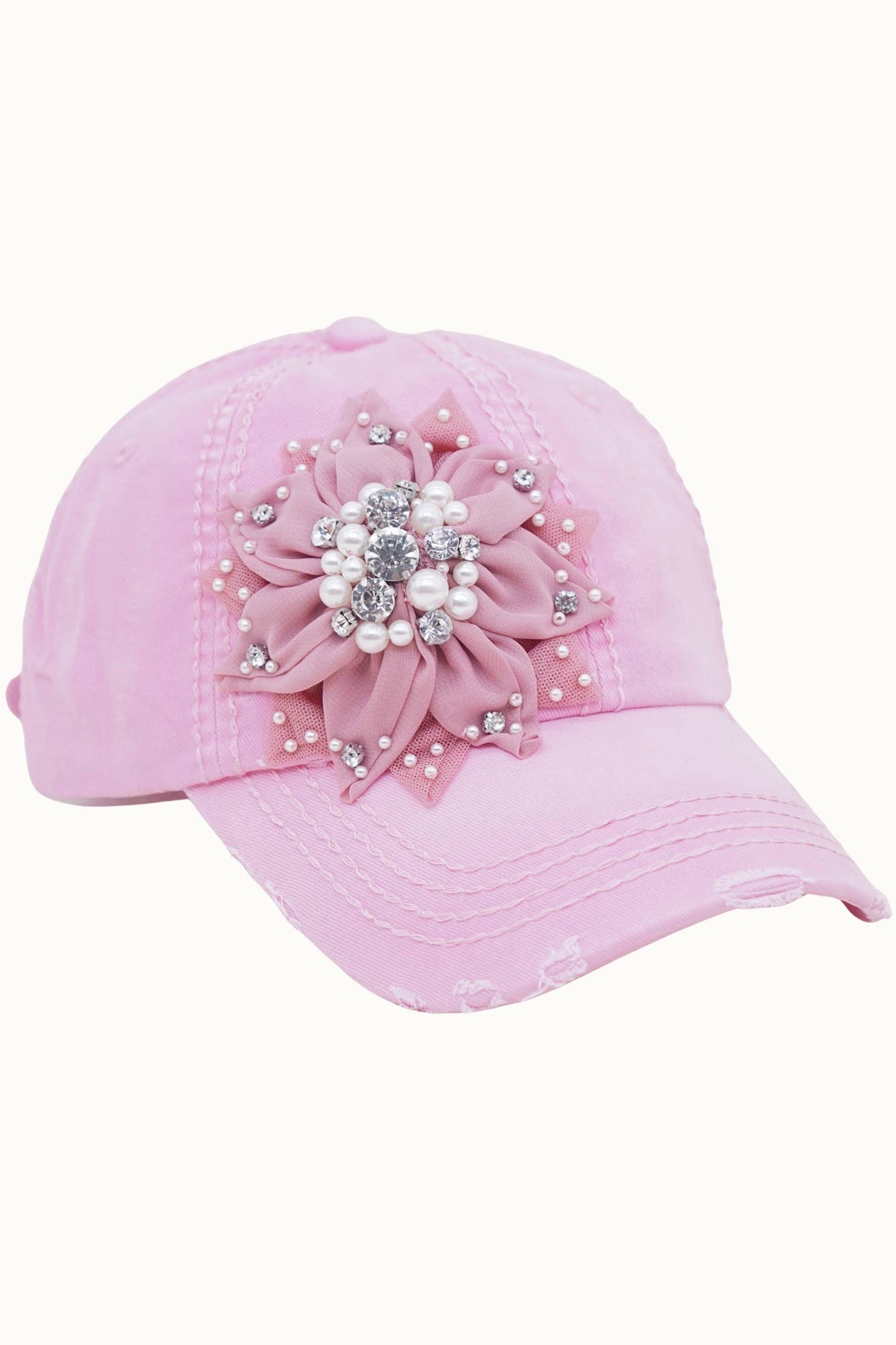 Floral Bejeweled Bling Glitz Distressed Cap, Adjustable