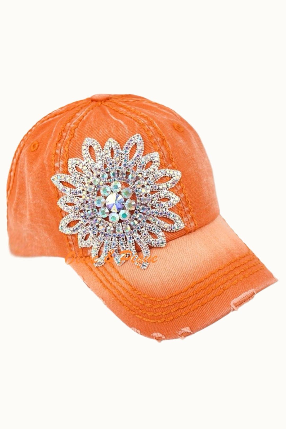 Sunflower Bejeweled Glitz Distressed Cap, Adjustable