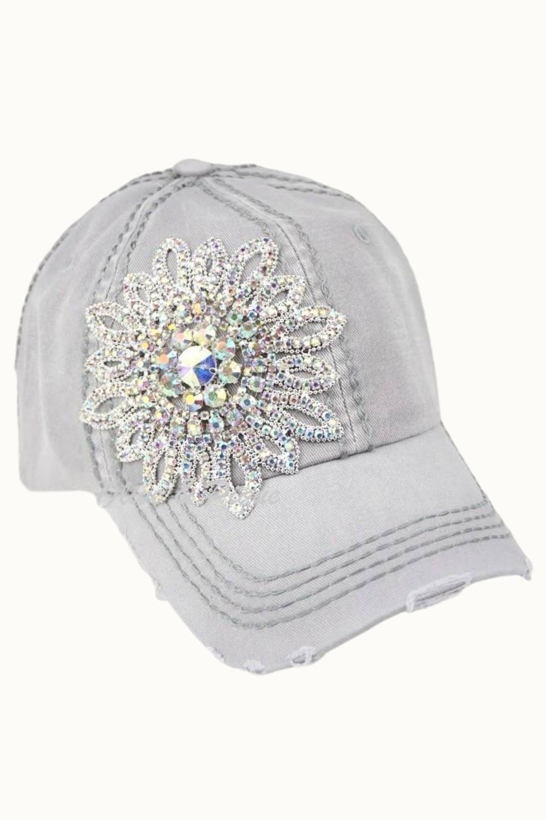 Sunflower Bejeweled Glitz Distressed Cap, Adjustable