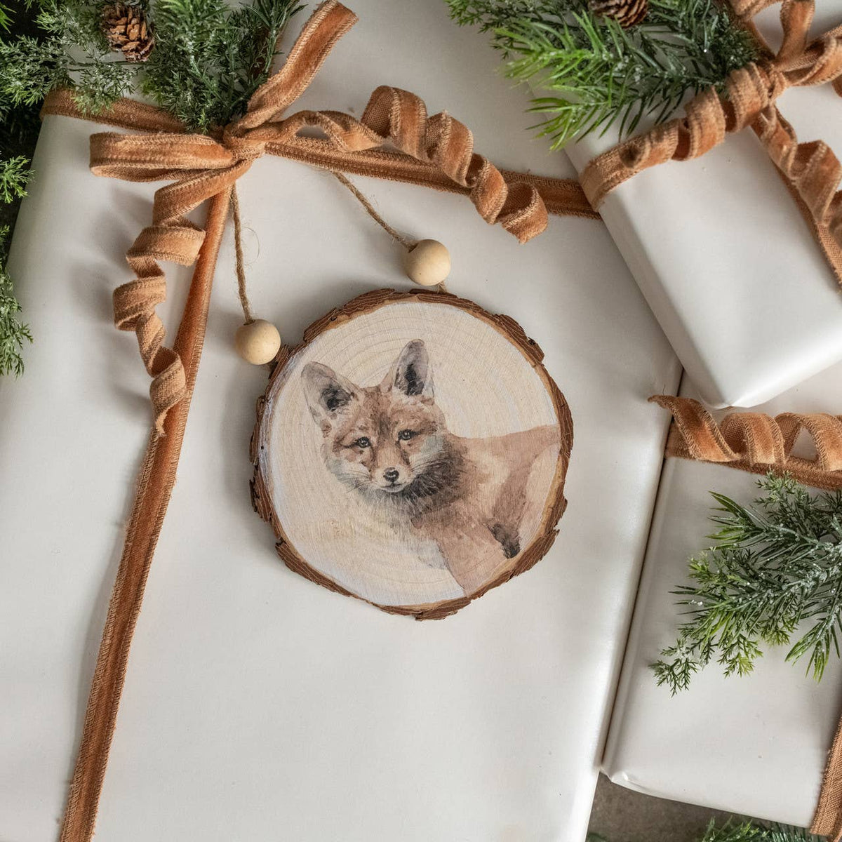 FOX ON WOOD SLICE ORNAMENT
