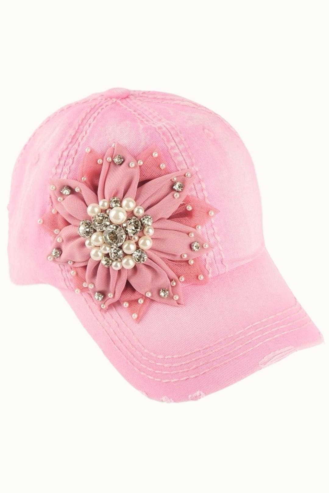 Floral Bejeweled Bling Glitz Distressed Cap, Adjustable