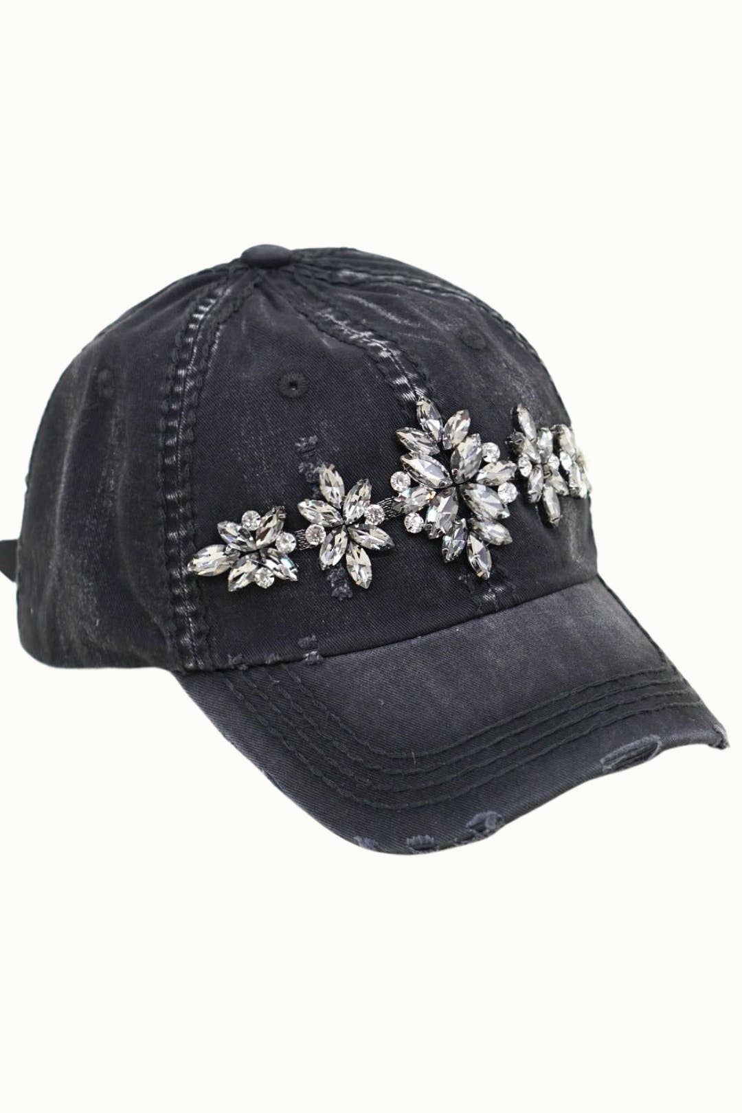 Bejeweled Bling Glitz Distressed Cap, Adjustable