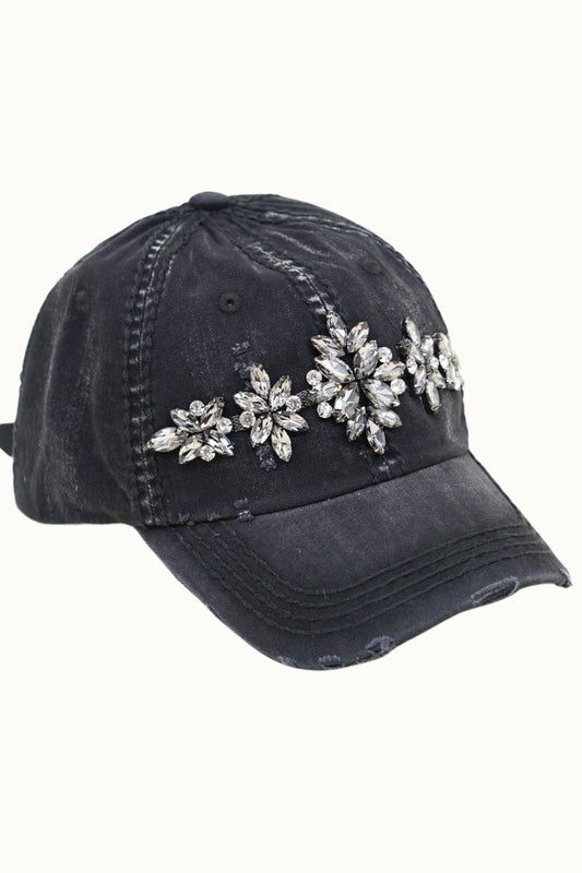 Bejeweled Bling Glitz Distressed Cap, Adjustable