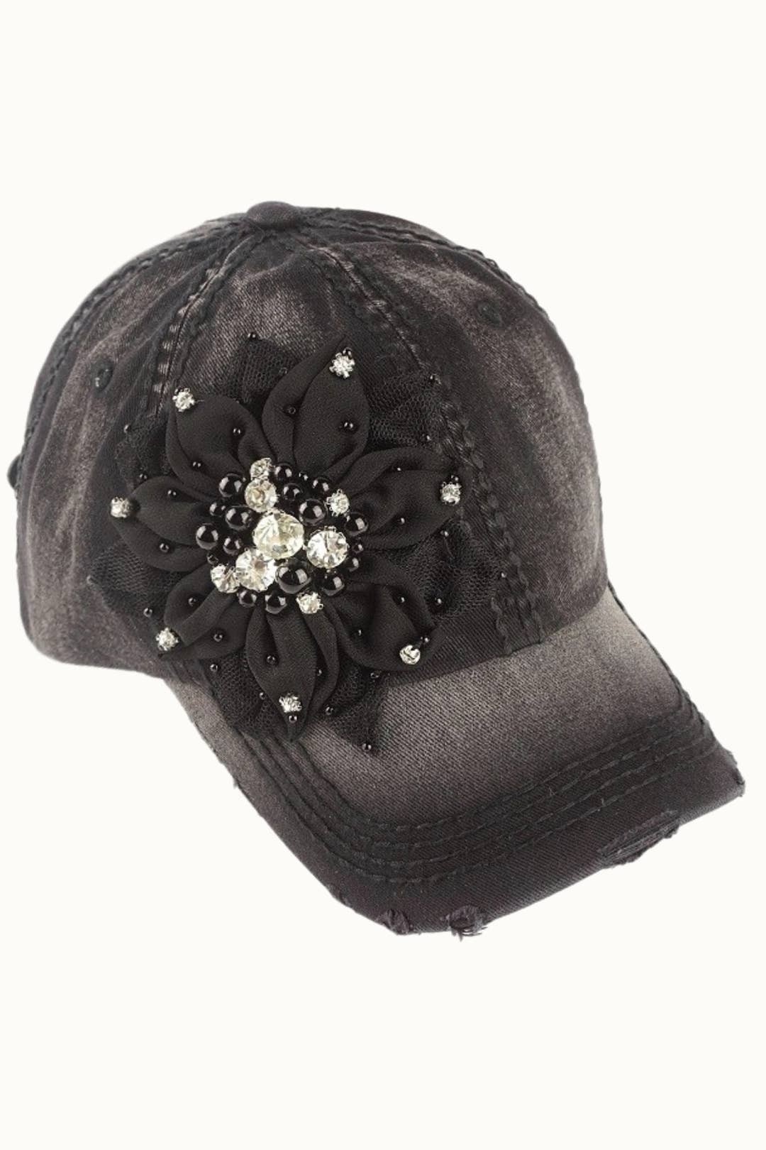 Floral Bejeweled Bling Glitz Distressed Cap, Adjustable