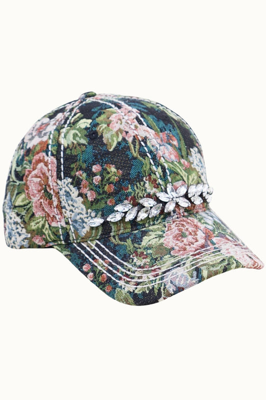 Floral Tapestry Cap with Bling Glitz Detail, Adjustable