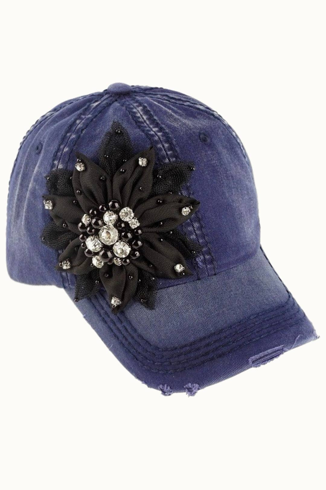 Floral Bejeweled Bling Glitz Distressed Cap, Adjustable