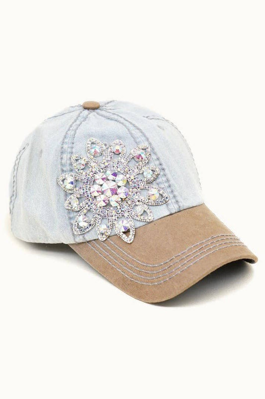 Sunflower Bejeweled Glitz Two-Toned Cap, Adjustable