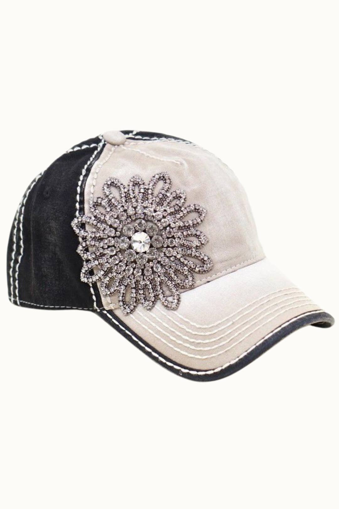 Sunflower Bejeweled Glitz Two-Toned Cap, Adjustable