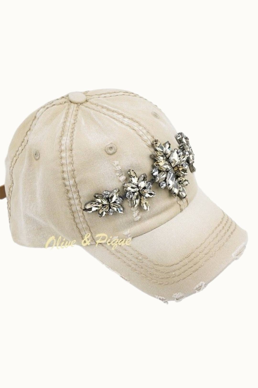 Bejeweled Bling Glitz Distressed Cap, Adjustable