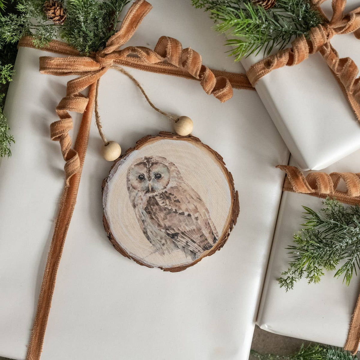 OWL ON WOOD SLICE ORNAMENT
