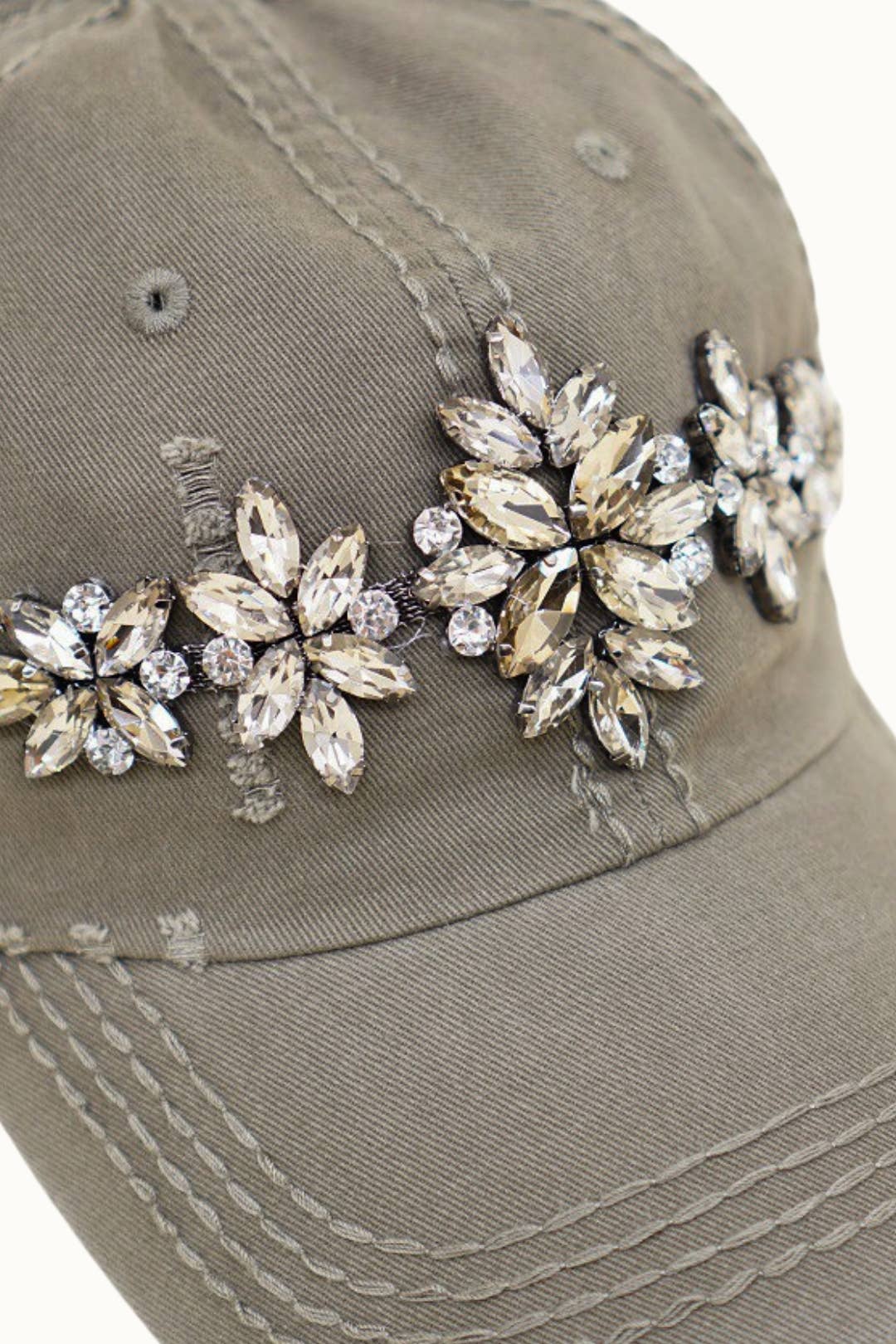 Bejeweled Bling Glitz Distressed Cap, Adjustable