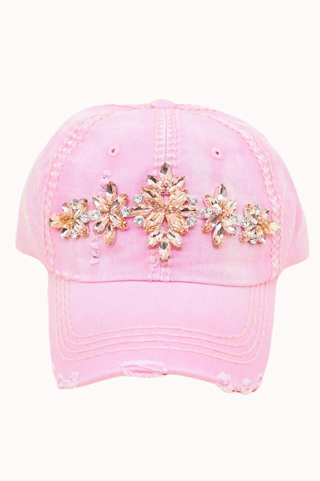 Bejeweled Bling Glitz Distressed Cap, Adjustable