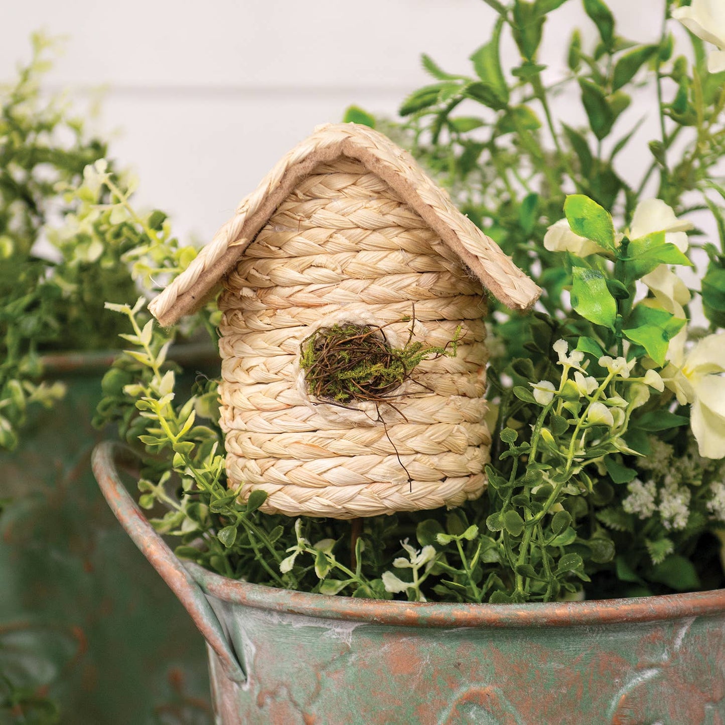 Natural Woven Seagrass Mossy Round Birdhouse Pick