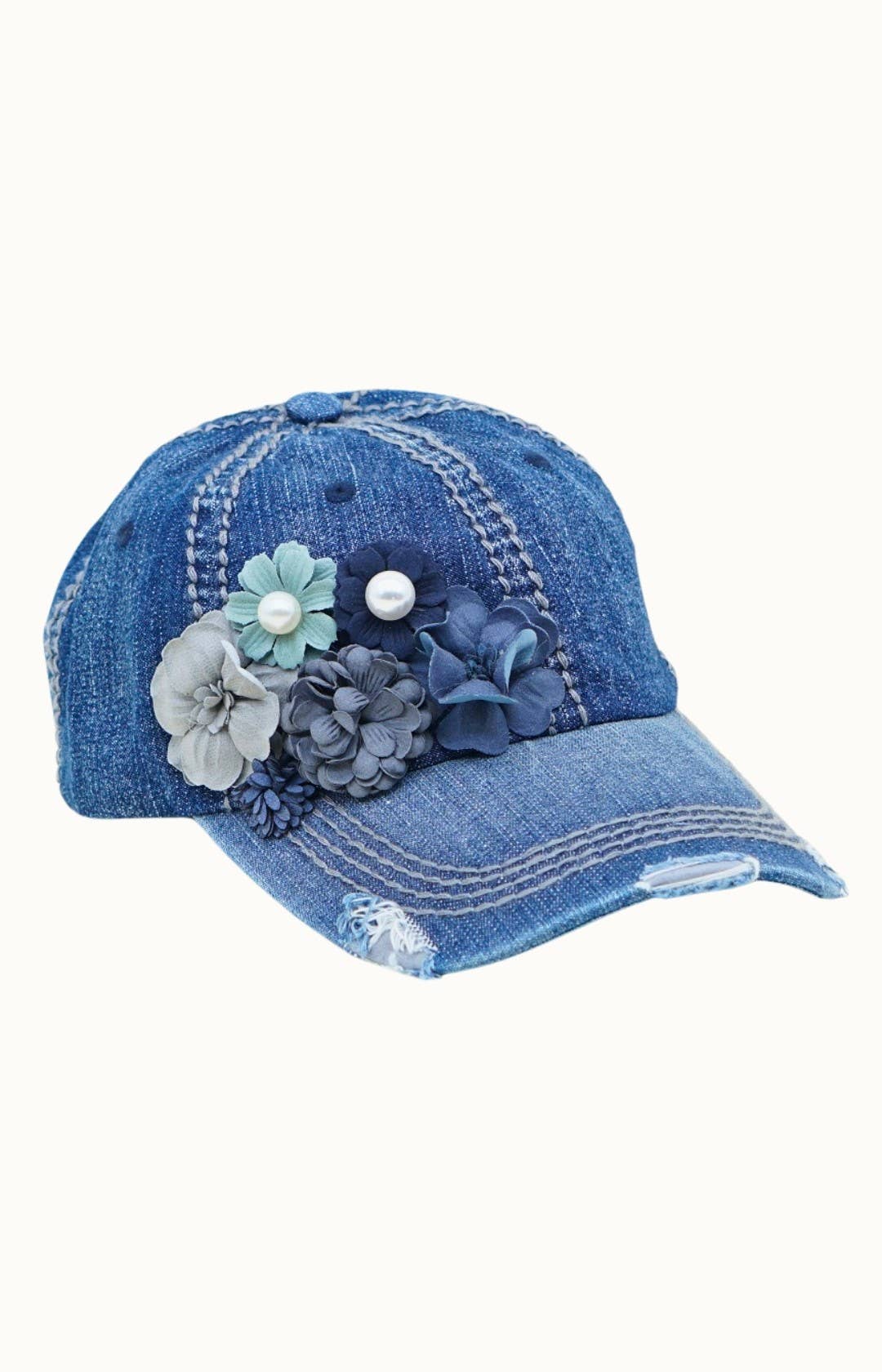 Floral Bouquet Bejeweled Bling Glitz Denim Cap, Adjustable